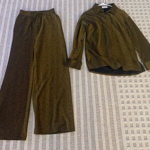 Retro 2Pc Top Pants Outfit Women’s Medium Metallic Gold Black Holiday Party